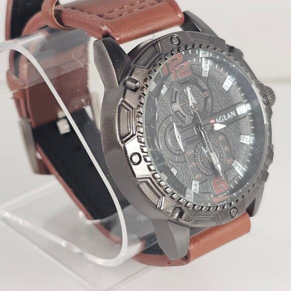Raglan Men's Quartz Watch Black Dial Brown Band 43.9mm Case Chrono Look NEW - Picture 10 of 13